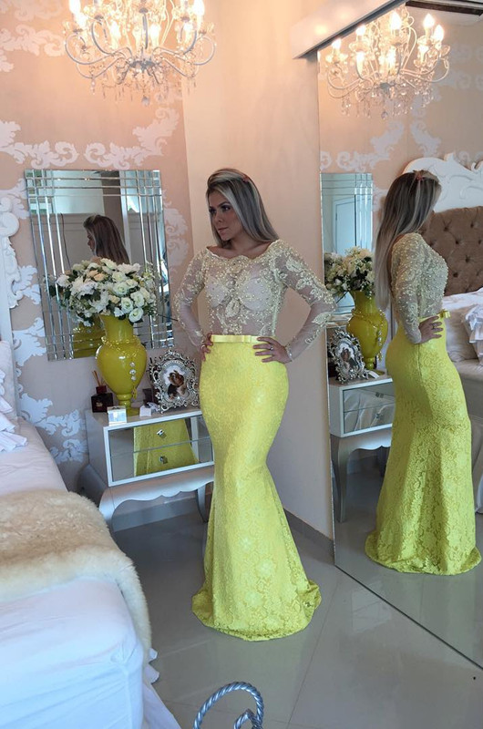 New Arrival Prom Dress,Modest Prom Dress,Stunning Yellow Long Sleeve 2017 Evening Dress Lace Mermaid Prom Gown