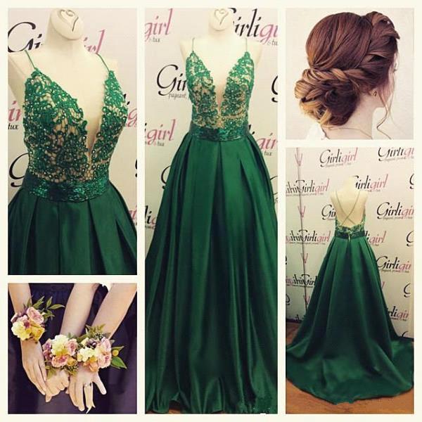 Prom Dresses,gorgeous Green Spaghetti Straps 2017 Evening Dress Long Lace Appliques