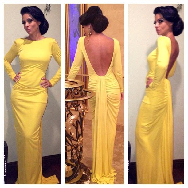 Prom Dresses,2017 Sheath Long-sleeve Open-back Ruched Yellow Evening Dress