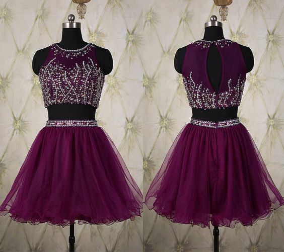 Elegant Two Pieces Homecoming Dresses,purple Homecoming Dresses,sexy Homecoming Dresses,beaded Formal Dresses,short Two Pieces Party