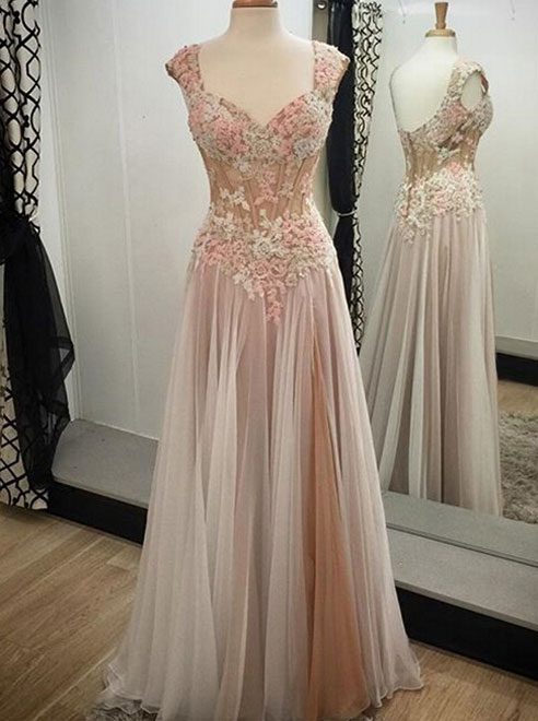 Charming Prom Dresses,long Prom Dresses,tulle Evening Dresses,cap Sleeves Evening Gowns,applique Prom Gowns,floor-length Prom Dresses,pretty Prom