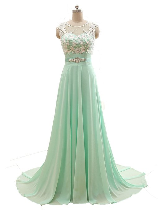 Sleeveless Mint Chiffon With Ivory Lace A Line Floor Lengthe Long Evening Prom Dress Formal,small Train Party Dress,long Cocktail Dresses