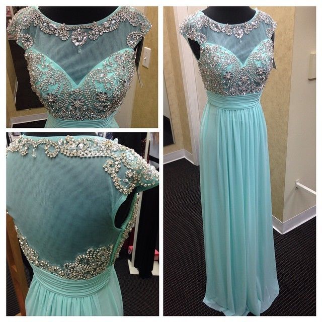 Mint Green Chiffon And Tulle Boat Neck Cap Sleeve A Line Floor Length Beaded Long Formal Evening Prom Dress