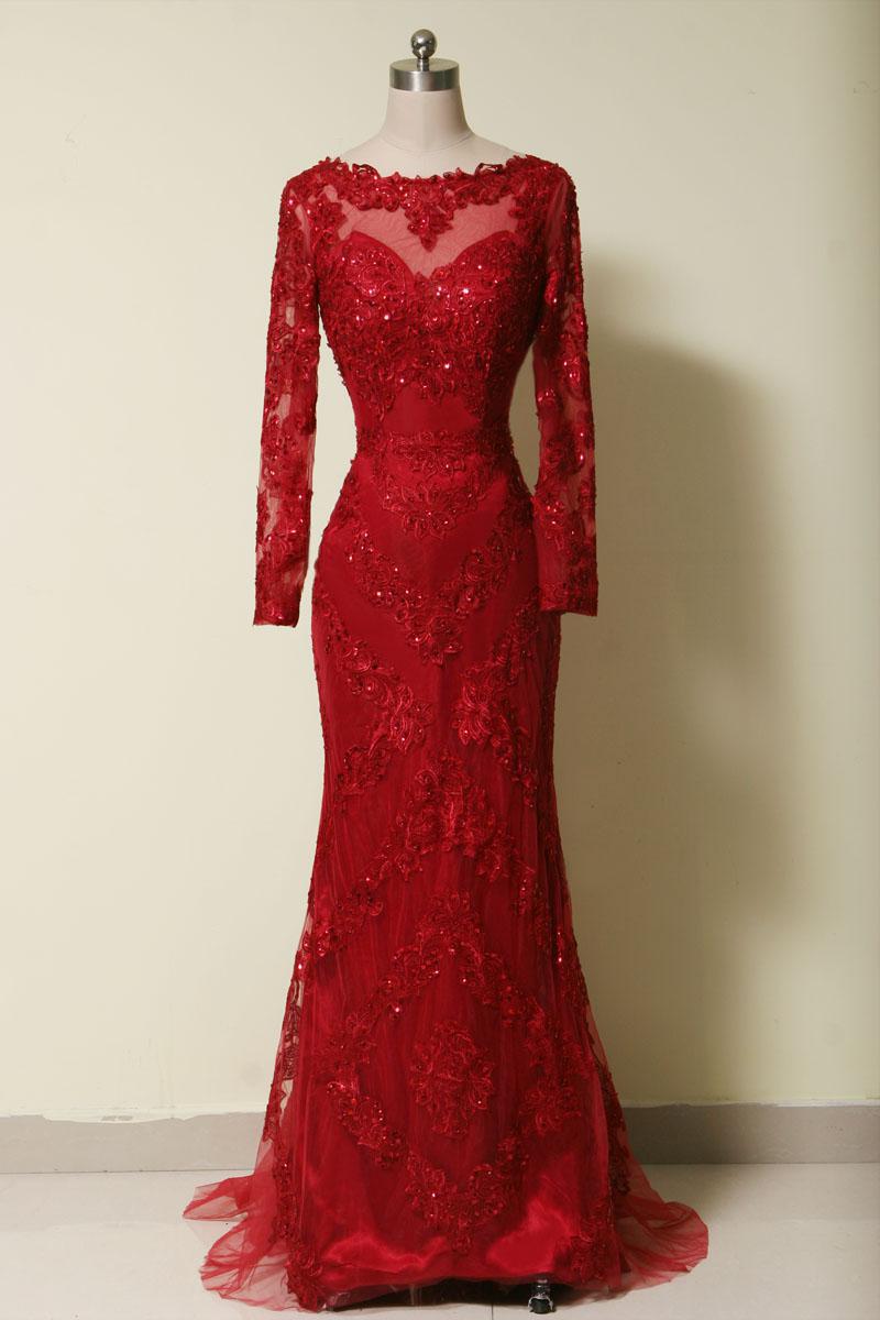 red lace long sleeve mermaid prom dress