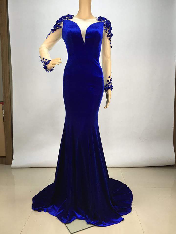 Sexy Royal Blue Long Sleeve Beaded Chiffon Long Prom Dress Evening Dresses