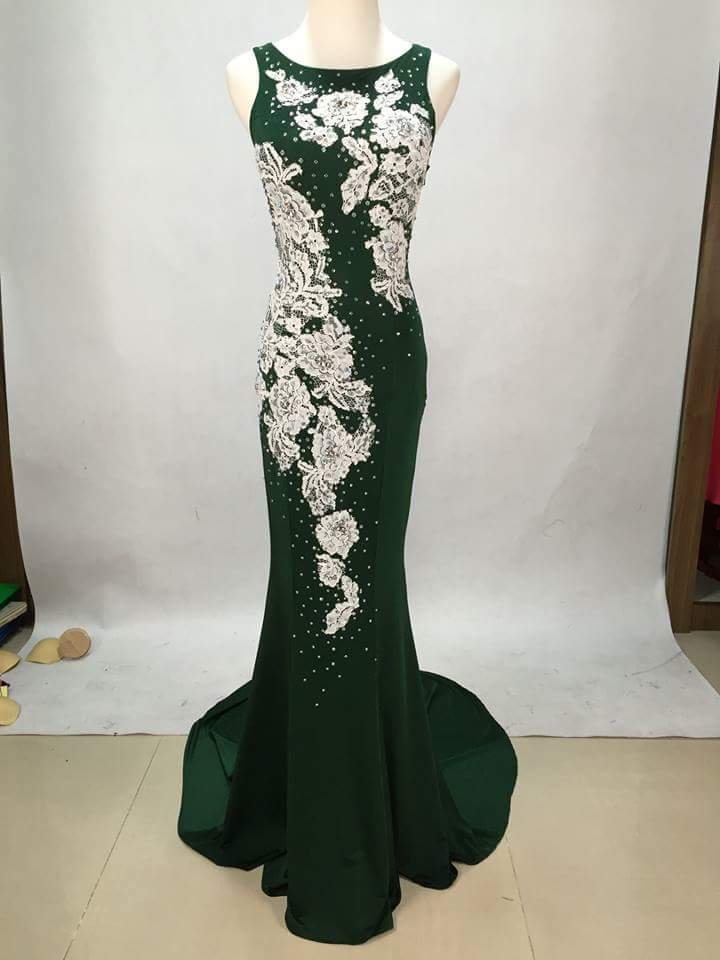 Sexy White Lace Applique Green Chiffon Long Prom Dress