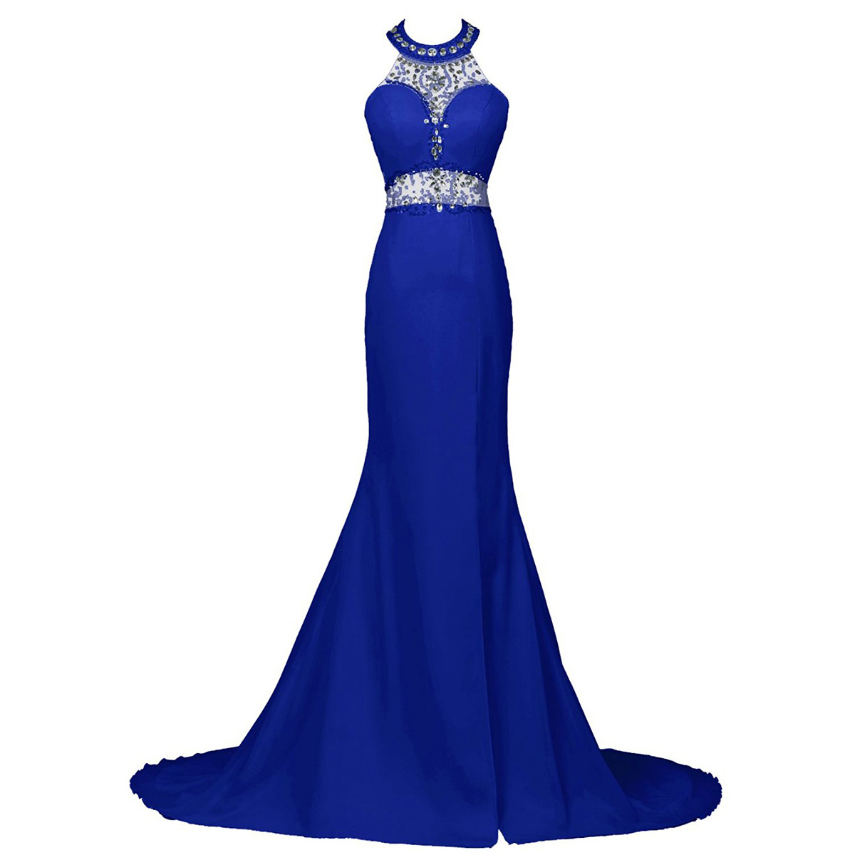 Sexy Beaded Halter Trumpet Prom Dress, Royal Blue Sequins Low Back Long Prom Dress, Front Split Sweep Train Chiffon Prom Dress