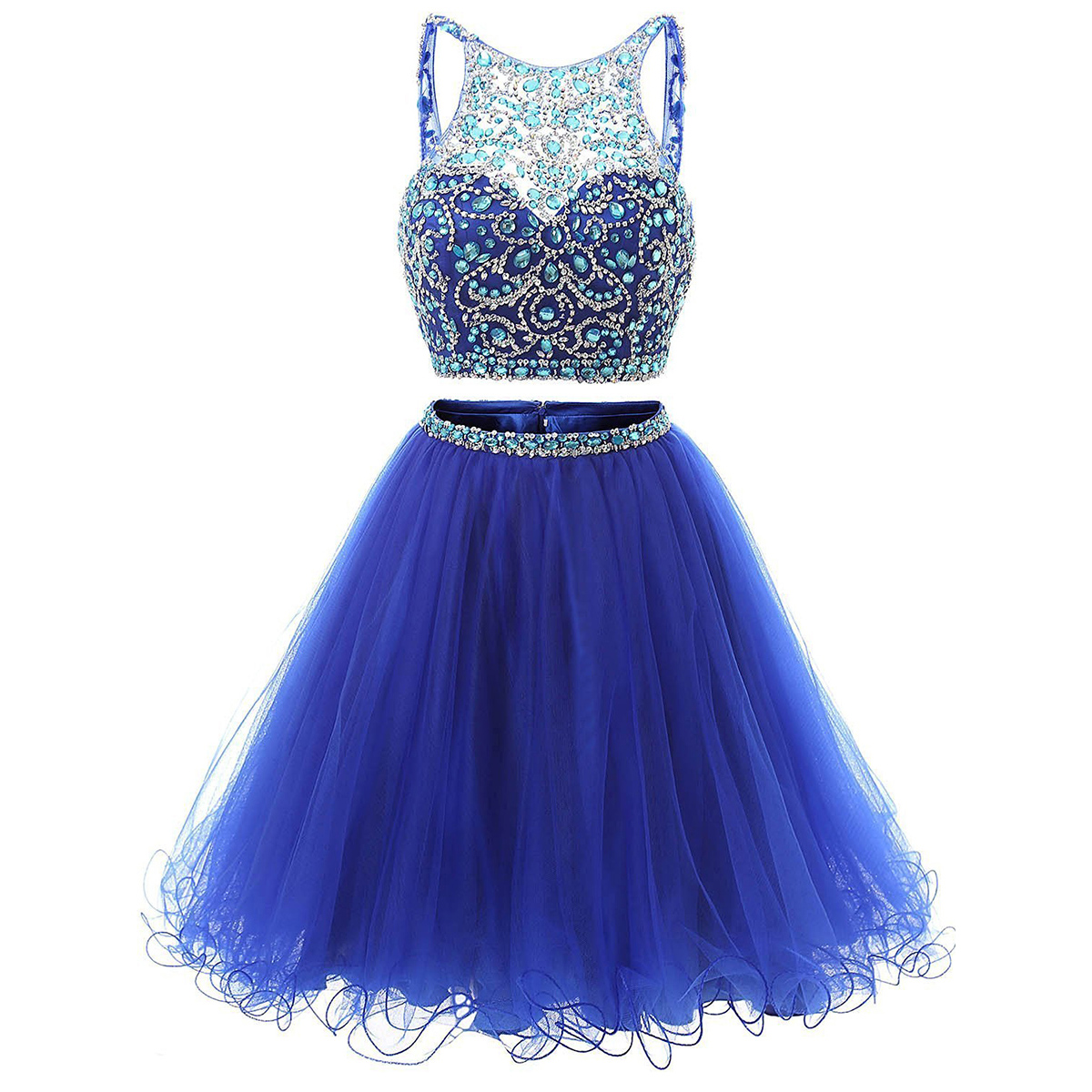 Jewel Neck Illusion Sequins Crystal Prom Dress, Shining Two Piece Low Back Short Prom Dress, Royal Blue Mini Tulle Prom Dress