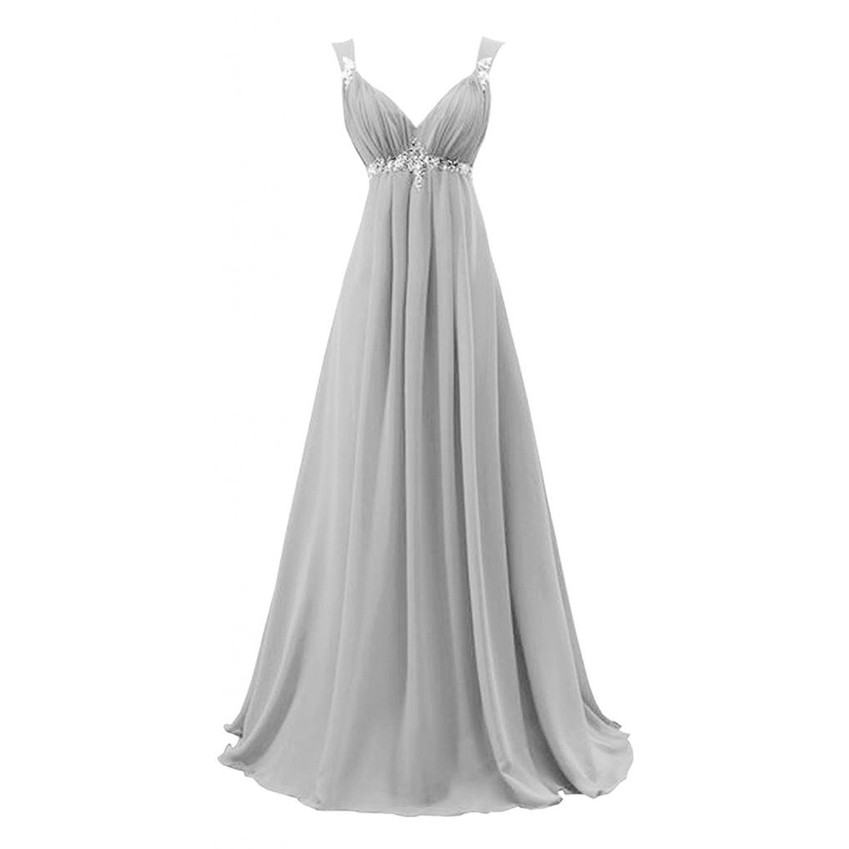 Chic Light Gray V Neck Long Prom Dress, Beaded Empire Floor Length Prom Dress, Elegant Sleeveless Lace-up Chiffon Prom Dress
