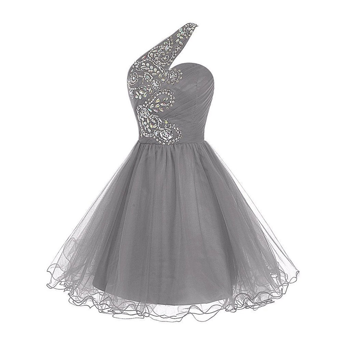 Flower Beaded One Shoulder Ruched Prom Dress, Light Grey Lace-up Short Prom Dress, Sleeveless Princess Mini Tulle Prom Dress