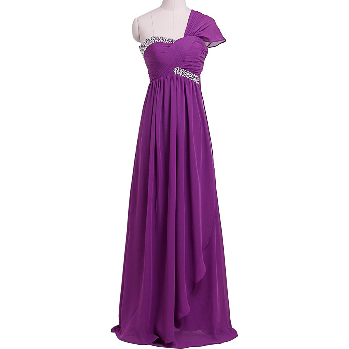 Asymmetric One Shoulder Cap Sleeve Prom Dress, Bead Ruched Long Empire Prom Dress, Elegant Lilac Sequins Chiffon Prom Dress
