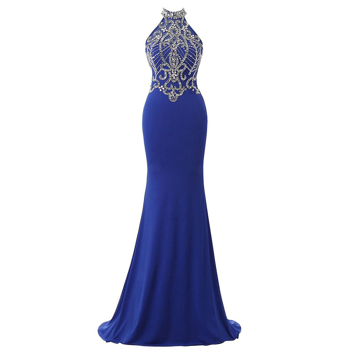 Pretty Crystal Tulle High Neck Prom Dress, Sexy Open Back Royal Blue Long Prom Dress, Chiffon Trumpet Sweep Train Prom Dress