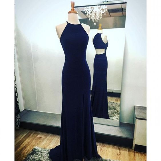 Navy Blue Sheath Halter Prom Dresses Sweep Train With Split-side,open Back  Prom Dresses, Dark Blue Evening Dresses,halter Cocktail Dresses,party