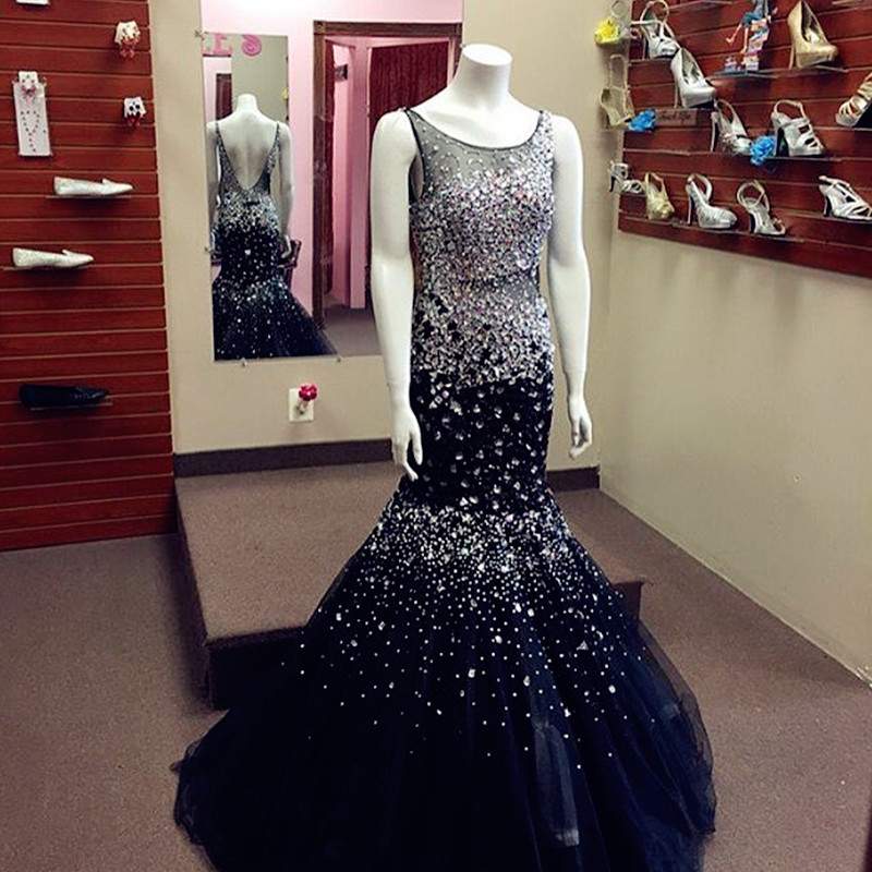 Prom Dress,modest Prom Dress,navy Blue Prom Dress,crystal Beaded Mermaid Prom Dress,luxury Evening Gowns