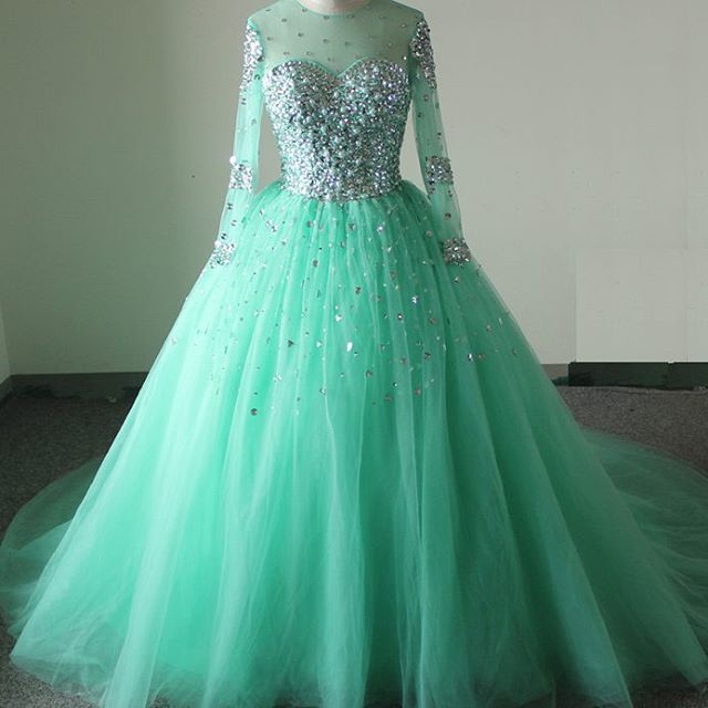 Prom Dress,modest Prom Dress,sparkly Mint Green Prom Dresses,long Sleeves Prom Dress,ball Gown Quinceanera Dress