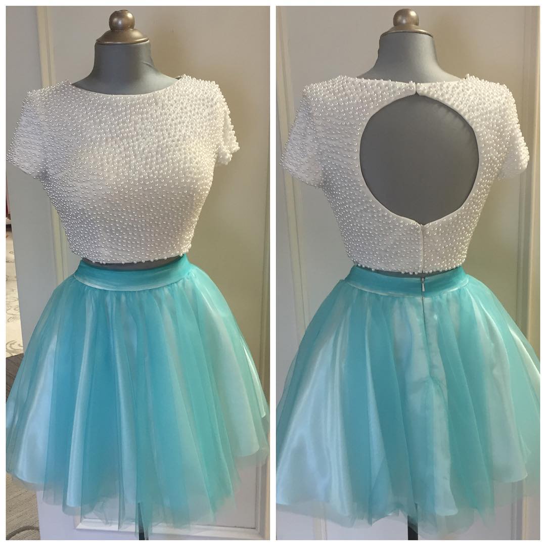 Pearl Beaded Homecoming Dresses,Two Piece Homecoming Dresses,Turquoise Party Dress,Short Prom Dresses 2017