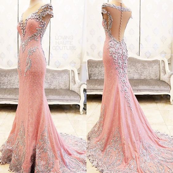 Sexy Evening Gowns Mermaid Pink Prom Dress, Pageant Prom Gown, Evening Gowns with Sweep Train