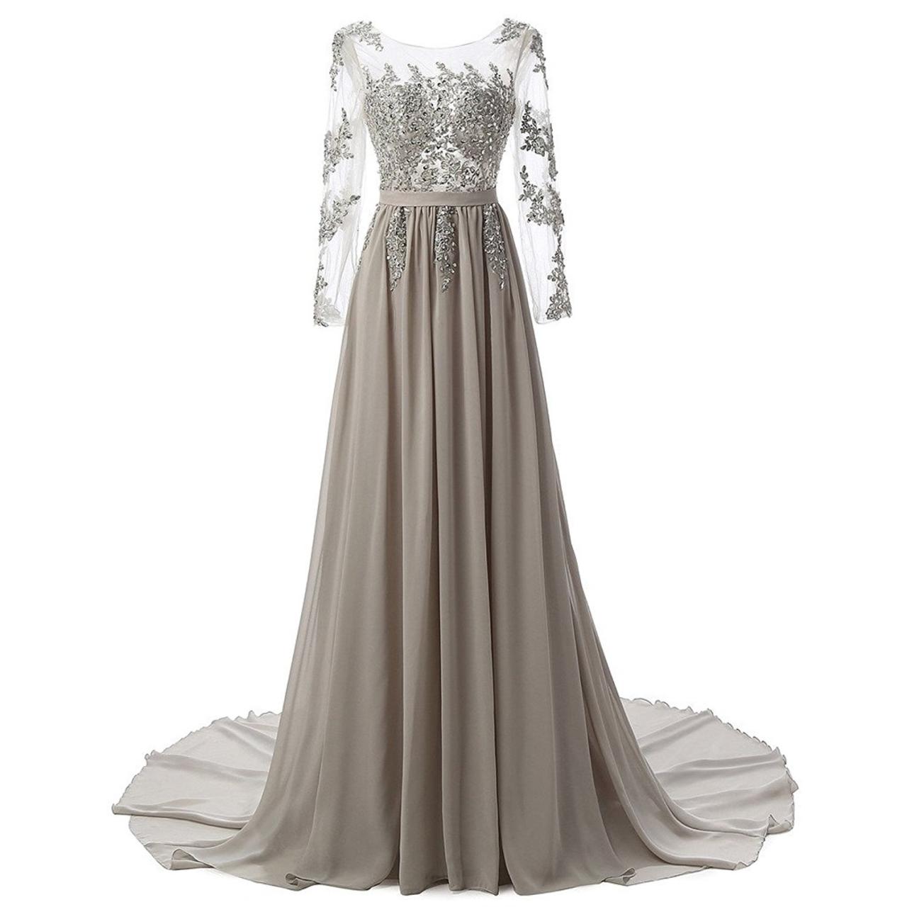 Women's Long Evening Dresses Chiffon Lace A Line Prom Party Gown With Long Sleeves Pd086