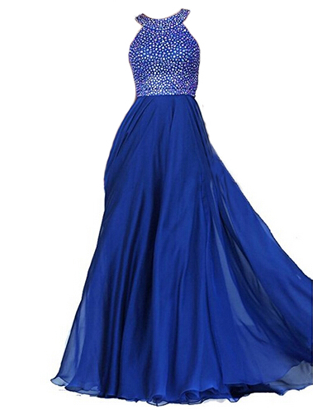 Women's V-back A-line Beaded Chiffon Bridesmaid Dress With Straps Long Prom Gowns Pd083