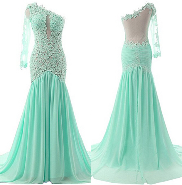 Women's One Shoulder Prom Dress Sexy Mermaid Evening Dress Chiffon Party Gown With Lace Appliques Pd074