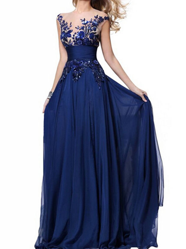 Women's Royal Blue Prom Dress Chiffon Lace Evening Dresses Long Evening