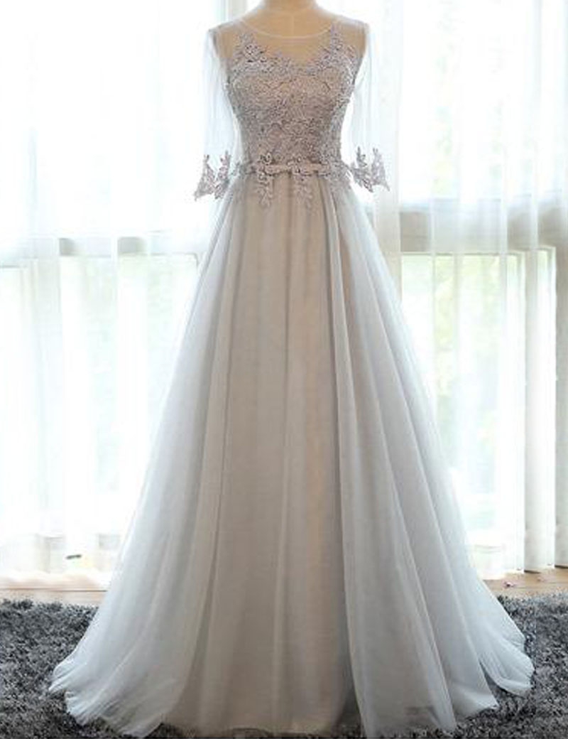 knee length dresses for ladies A-line Black Tulle Lace 3/4 Sleeves Prom Dresses SP730