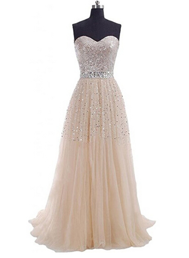 Women's Exquisite Tulle Prom Dresses Sweetheart Party Gowns Sequins A-Line Prom Gown Long Evening Dress 