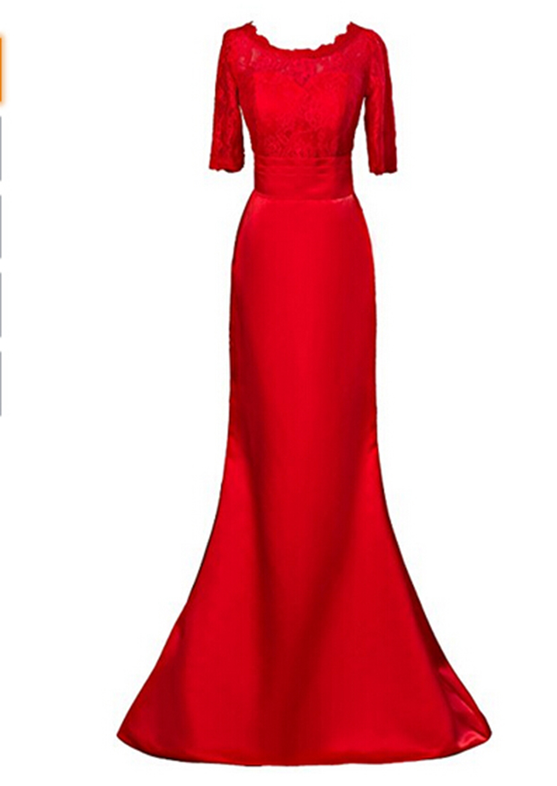Women's Sexy Sheer Top With Lace Prom Dress Elegant Mermaid Evening Dress Satin Long Prom Gown With Sleeves O-neck Evening Gown