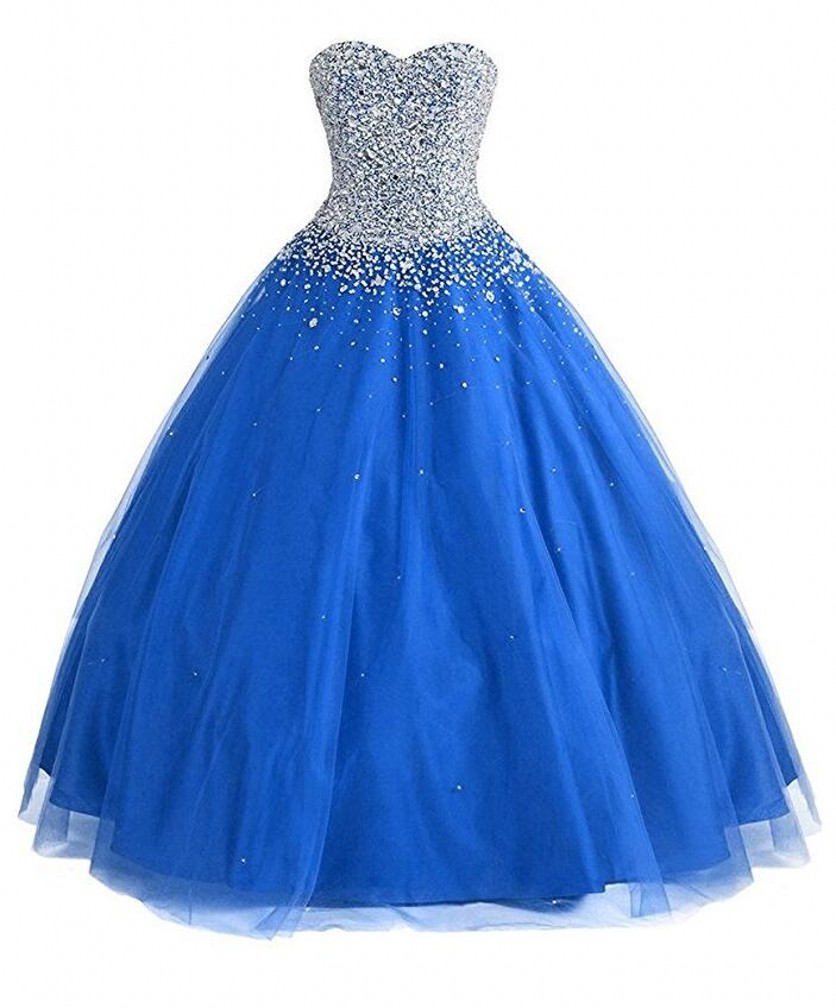 Women's Sweetheart Ball Gown Beaded Prom Dresses Tulle Beading Quinceanera Dresses Long Evening Gowns