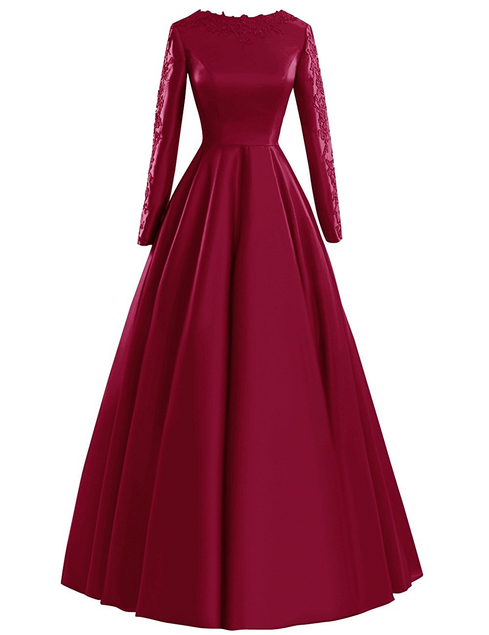 Women's Long Sleeves A-Line Satin Prom Dress with Lace Appliques Floor Length Evening Gowns