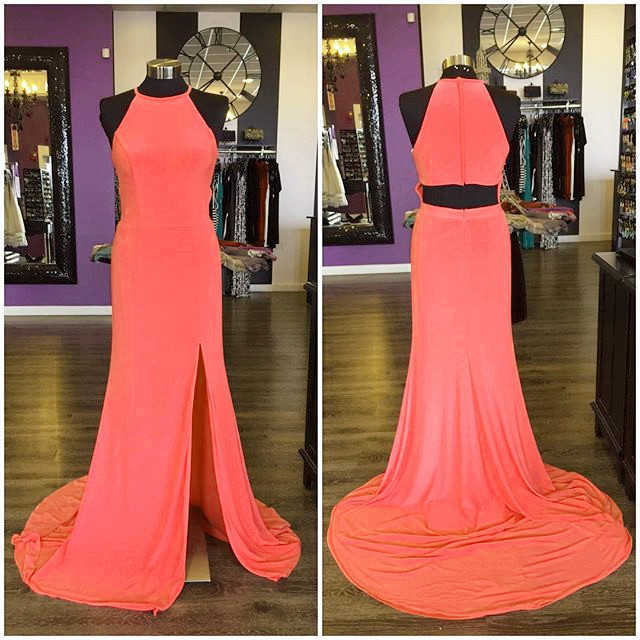Long Jersey Coral Pink Mermaid Prom Dresses With Slit 2017 Sexy