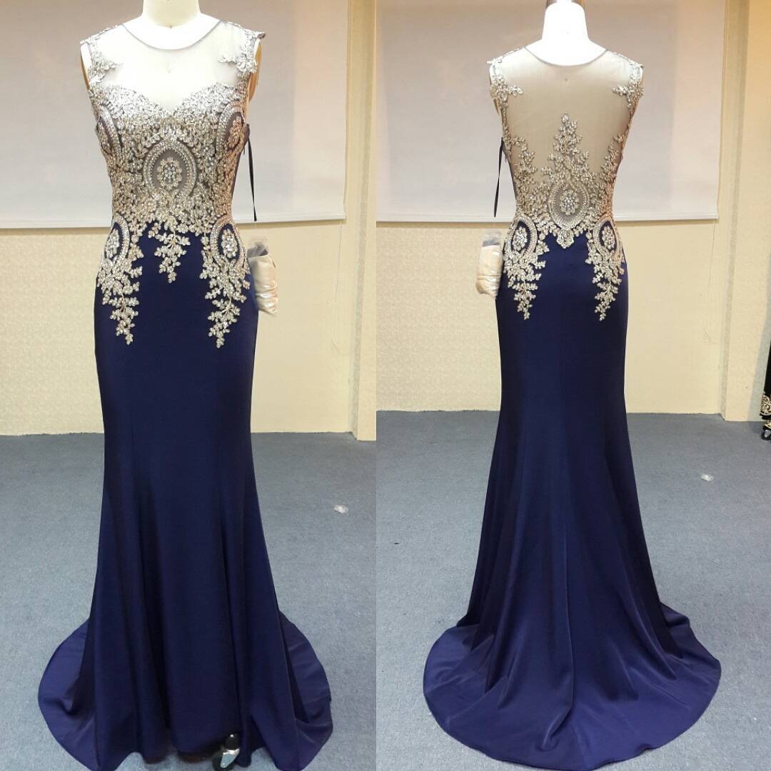 Gold Lace Appliques Long Navy Blue Mermaid Prom Dresses 2017 Formal Evening Gowns