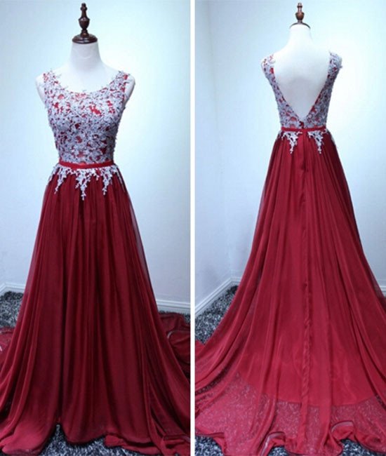 Custom Handmade Burgundy Long Chiffon Prom Dress With Lace Appliques, Wine Red Prom Gowns 2017, Party Dresses