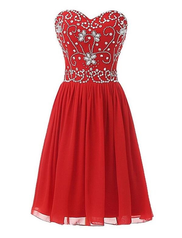 Cute Short Chiffon Red Sweetheart Beaded Homecoming Dresses 2017, Red Short Prom Dresses, Red Party Dresses