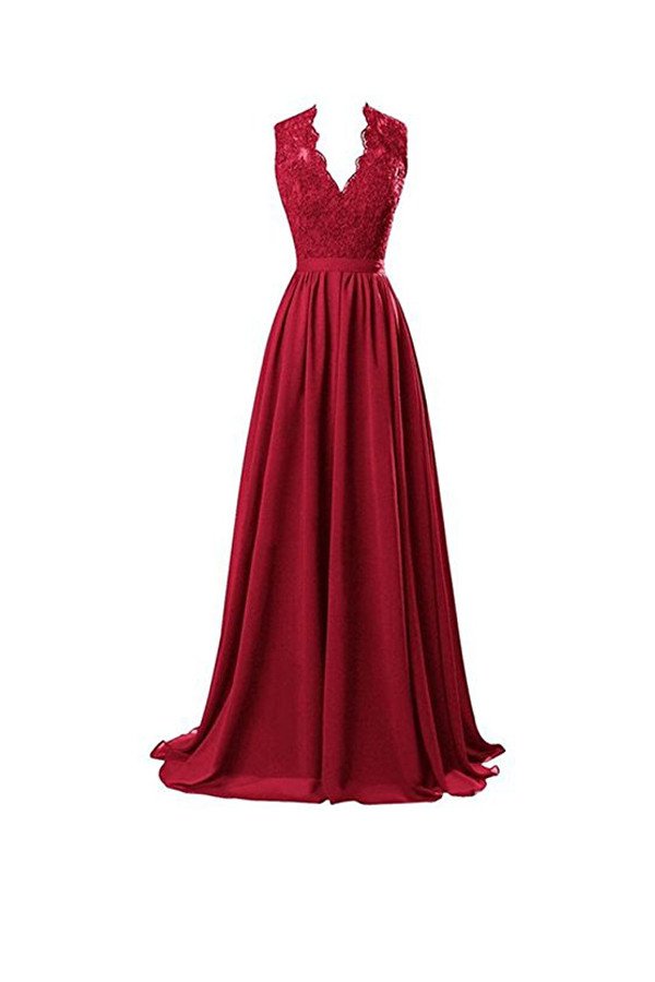 Beautiful A-line V Neck Open Back Chiffon Long Evening Gown with Lace