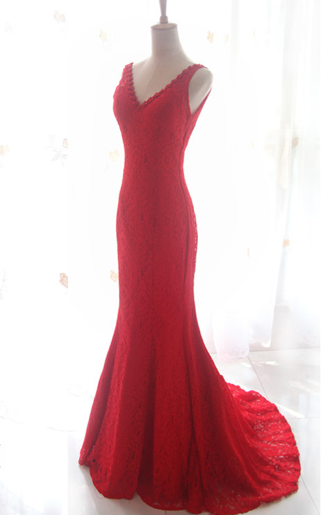 Sleeveless Lace Mermaid Long Prom Dress, Evening Dress