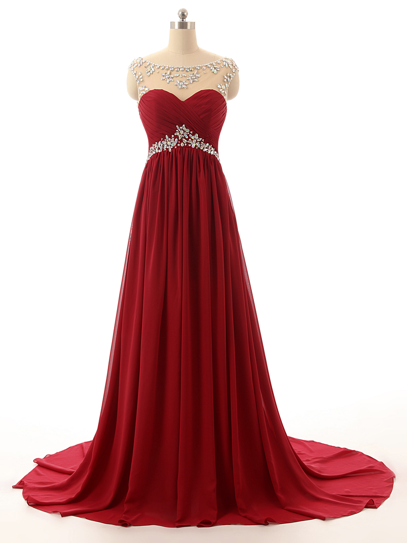 2017 Wine Red Long Prom Dresses，custom Made Beading Chiffon Evening