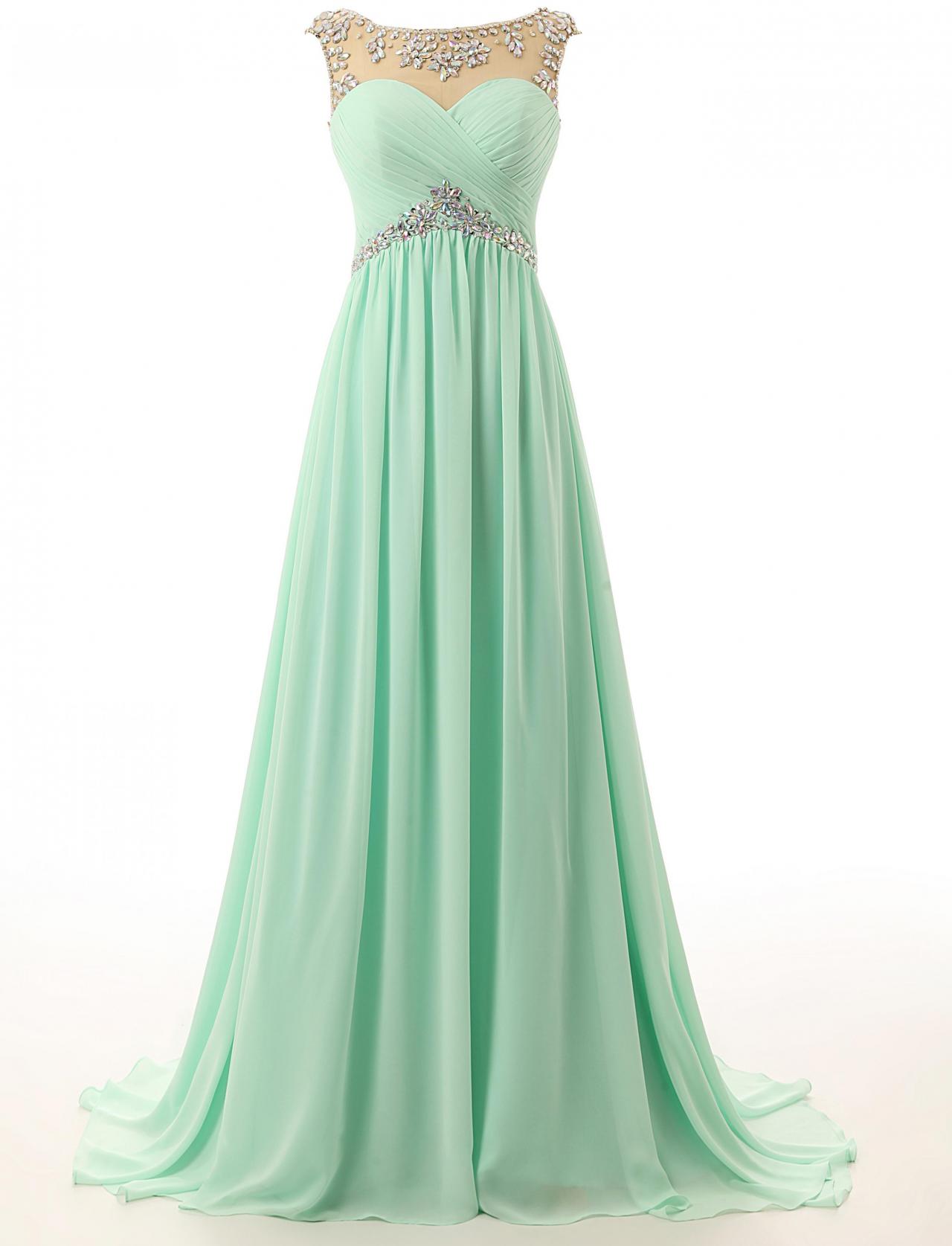 2017 Fashion Mint Green Prom Dresses,sexy Beading Chiffon Evening Dresses, Women Mint Dresses