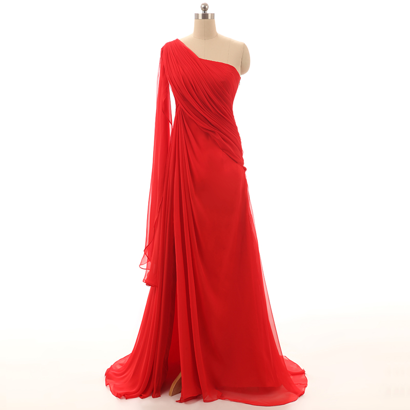 Simple Red Dresses,sexy One Shoulder Long Prom Dresses,2017 Chiffon A-line Formal Dresses