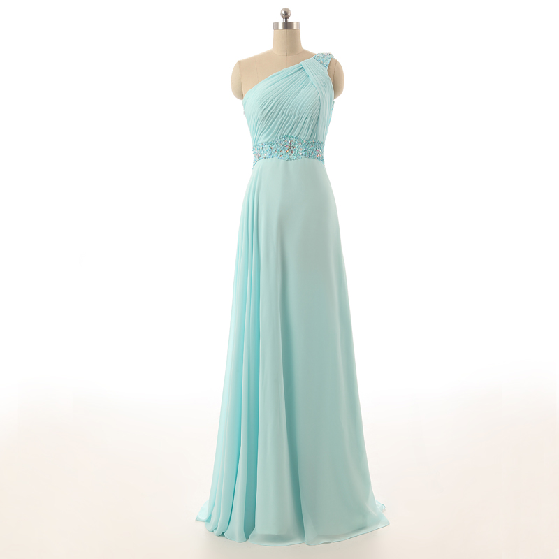 Light Blue Floor Length Chiffon A-line Prom Dress Featuring Ruched One Shoulder Bodice And Beaded Embellishments