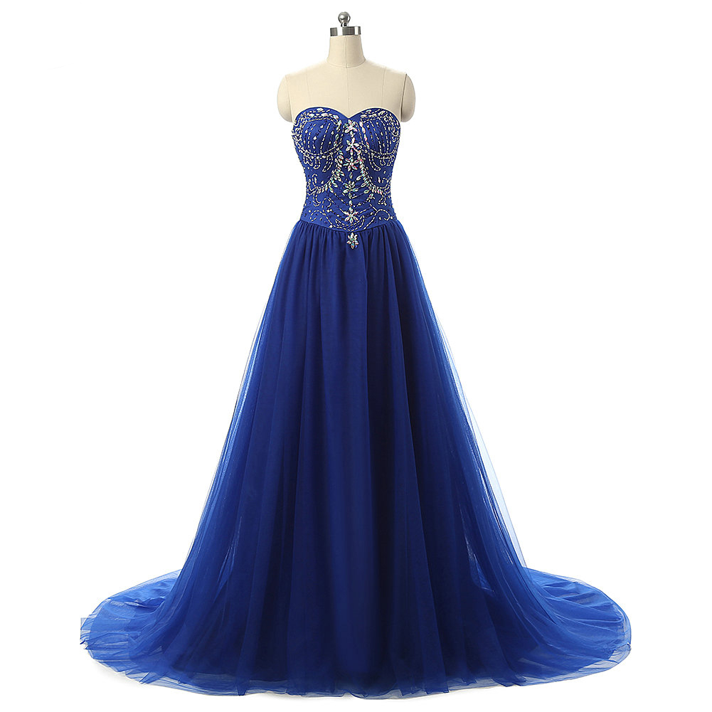 Royal Blue Strapless Sweetheart Long Prom Dress With Beaded Bodice