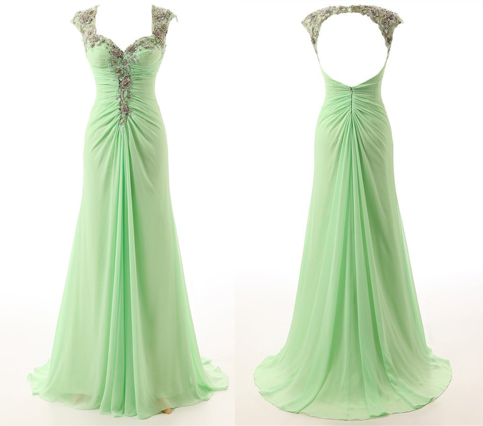 2017 High Quality Mint Green Prom Dresses,New Cap Sleeves Evening Dresses,Sexy Mermaid Prom Dress