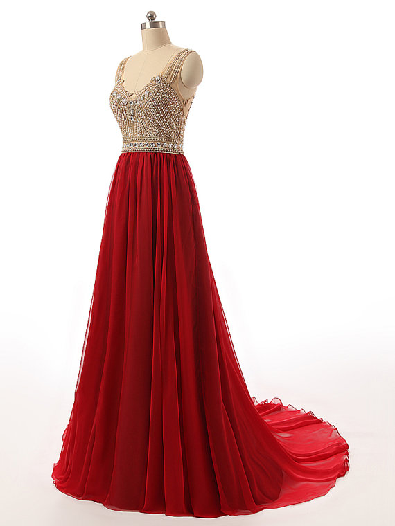 Red Sleeveless V-neck Beaded Long Prom Dress With Sweep Train