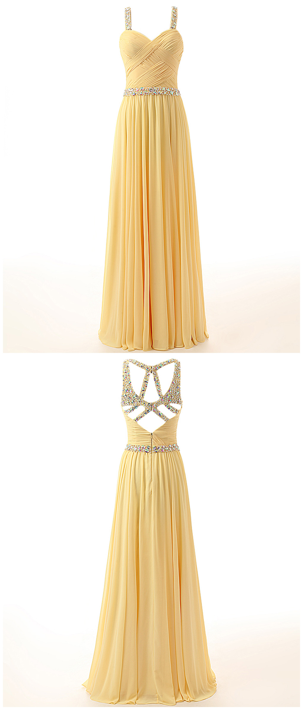 Long Chiffon A-line Prom Dress Featuring Beaded Embellished Spaghetti Straps Ruched Sweetheart Bodice And Cutout Back