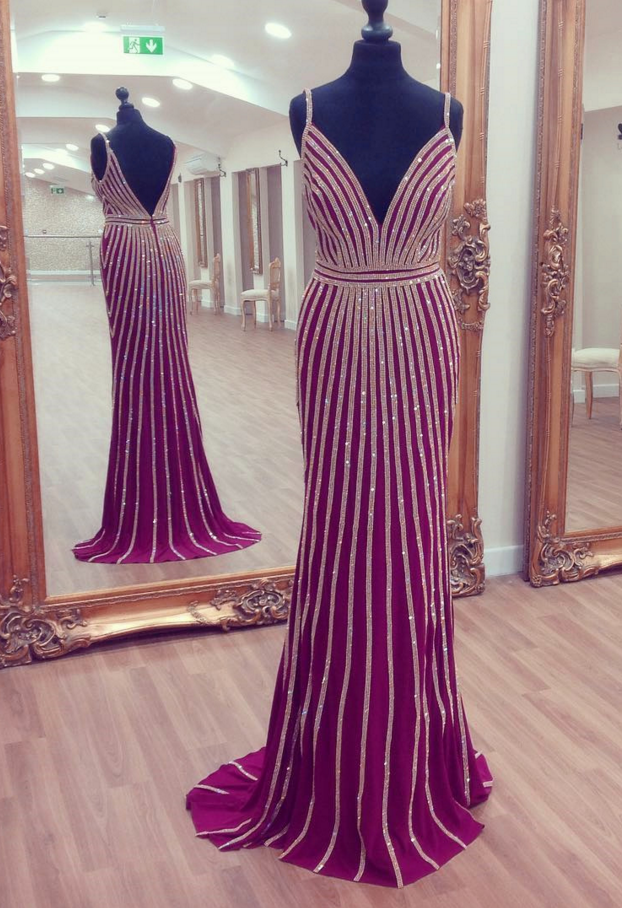 V Neck Prom Dress,mermaid Prom Dress,gold Beaded Evening Dress,luxury Evening Gowns,couture Dress,pageant Gowns,purple Prom Dress