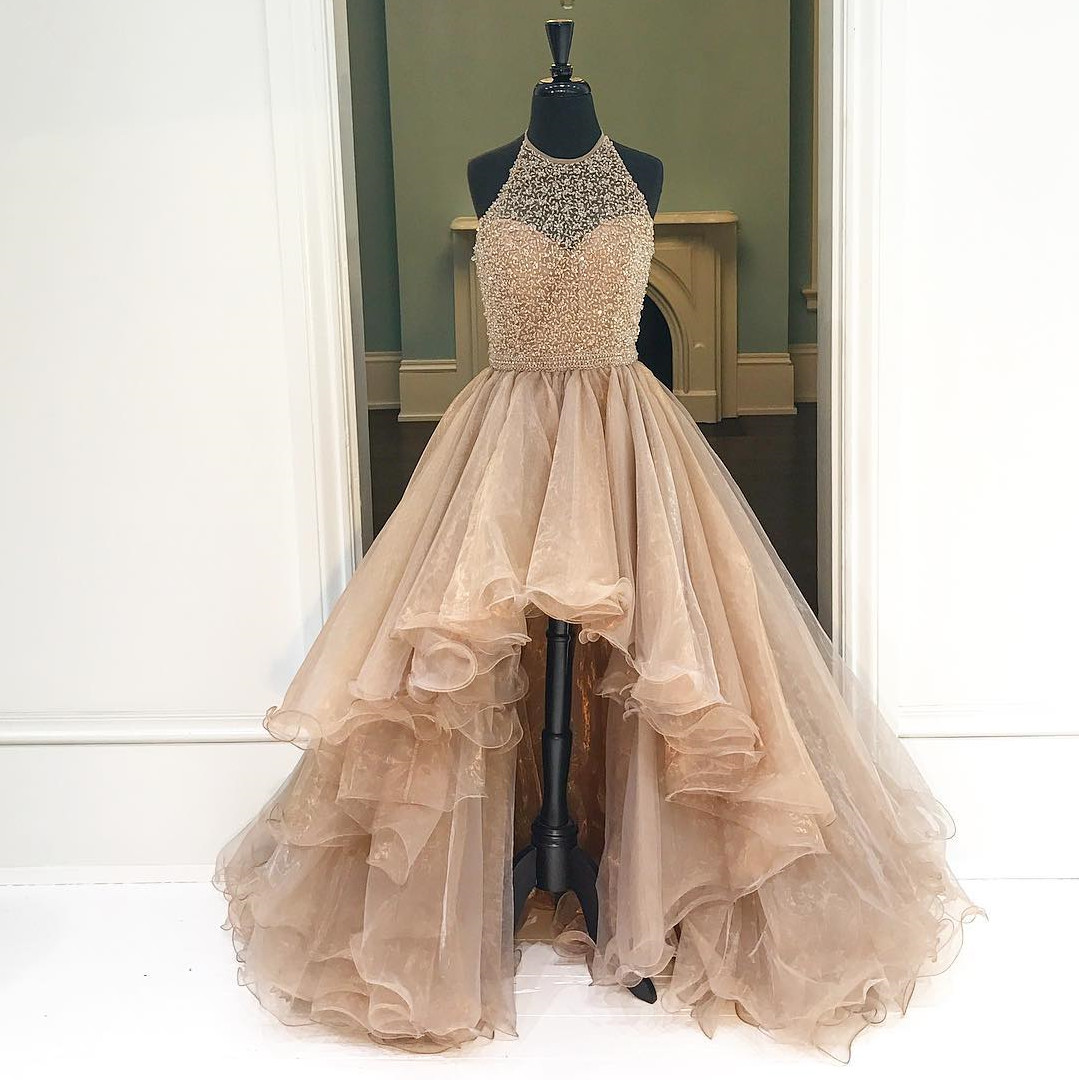 Champagne High Low Tulle Prom Dress Featuring Halter Neck Bodice