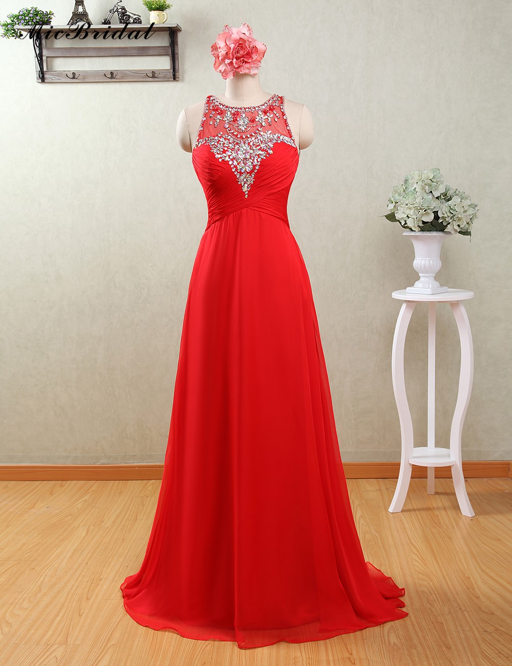 Crystals Scoop Chiffon Red Long Prom Dresses Fast Mx-173 Robe Longue Femme Soiree Mariage