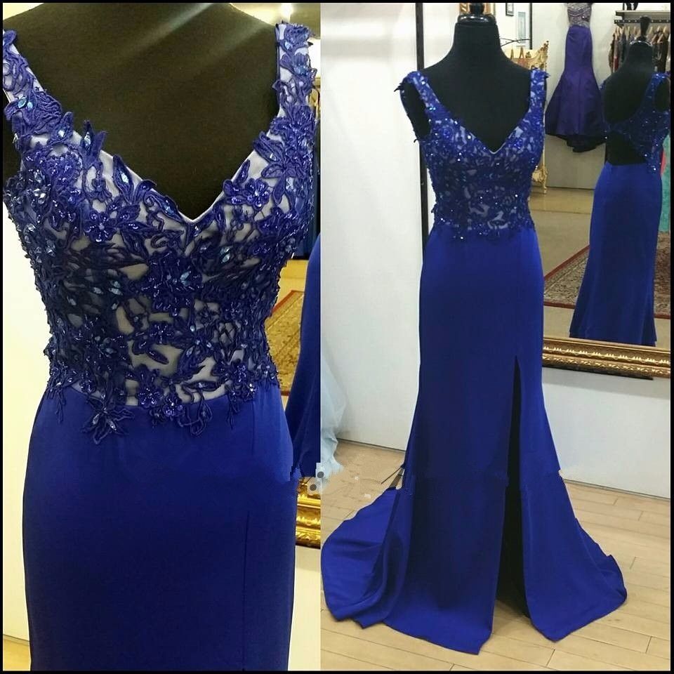 Sexy Slit Prom Dress,lace Graduation Dress,sexy Blue Prom Dresses,open Back Blue Party Dress,slit Royal Blue Formal Dress,blue Lace Evening Dress