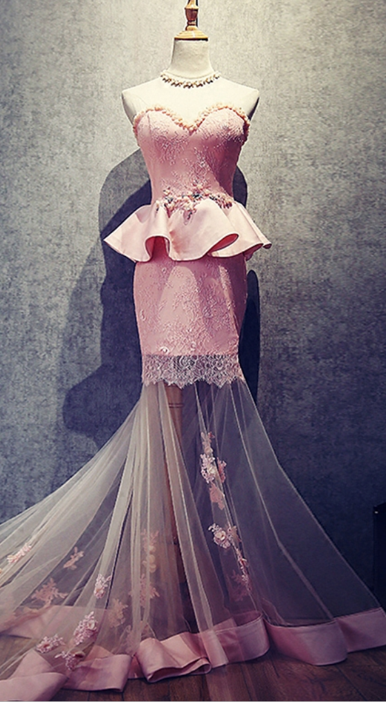 Prom Dress,modern Pink Mermaid Prom Dress, See-through Sheer Fish Tail Prom Dresses