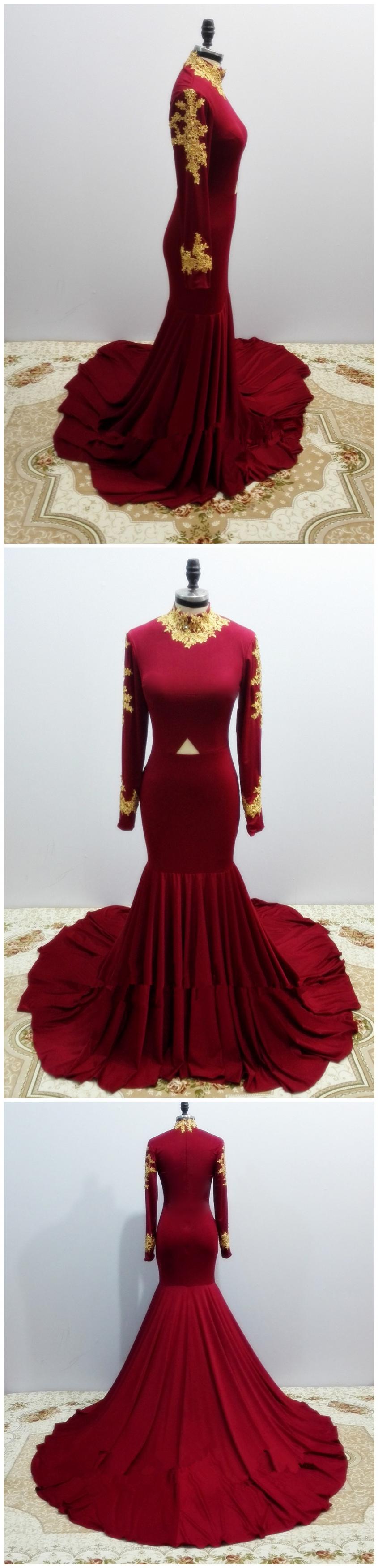 Real Photos Graceful Long Sleeve Burgundy Prom Dresses 2017 High Neckline Mermaid Stretch Spandex Prom Dress With Gold Lace